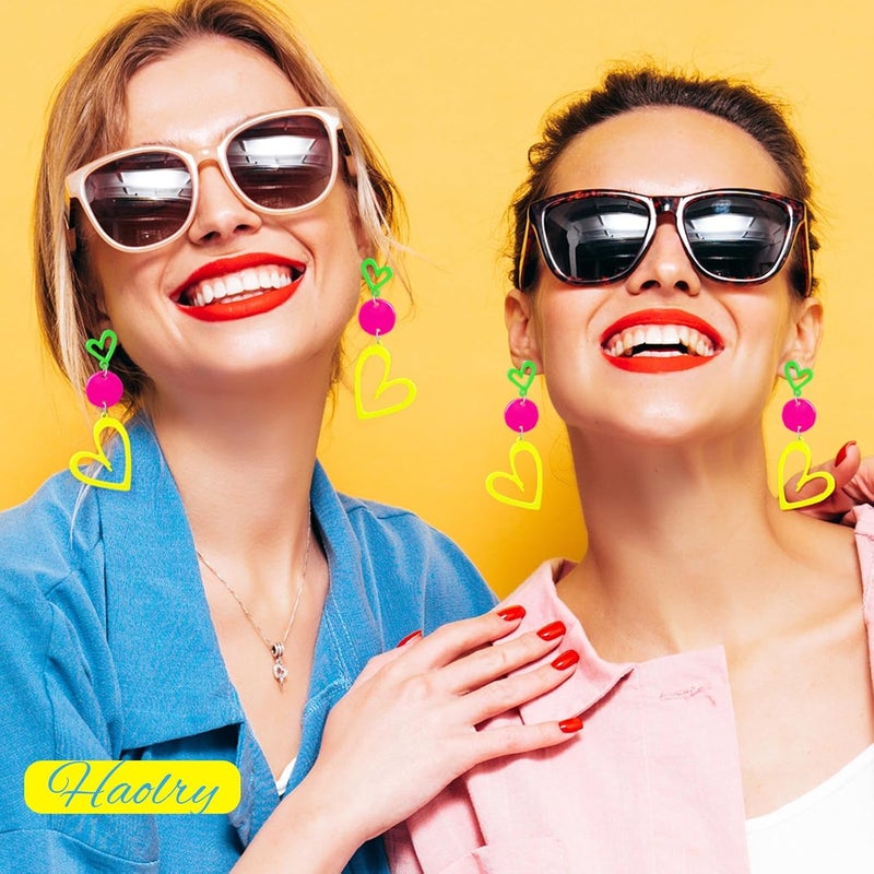 HOLYRY Neon Heart Earrings for Women Acrylic Neon Earrings 80s 90s Outfit for Women Glow Party Accessories Gifts Hot Pink Orange Green Yellow - Image 5